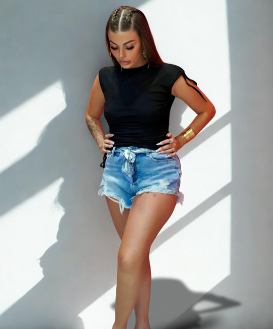 Shorts in Denim con Dettaglio Foulard